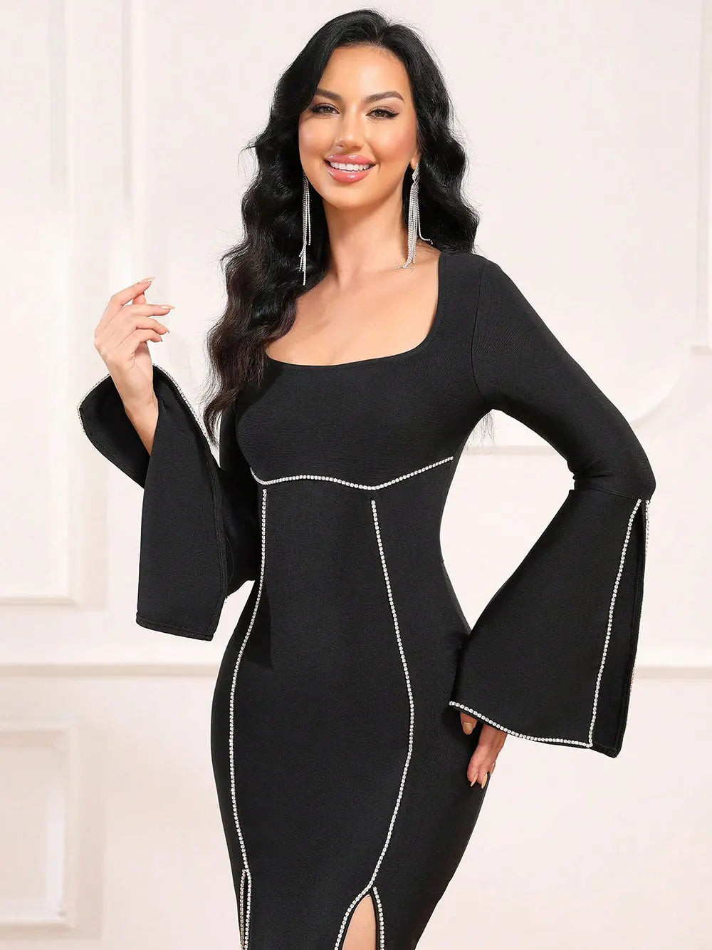 Women Light Luxury Rhinestone Bandage Dress With O-Neck Flared Sleeves Slim Fit Split Body Midi Dress Evening Club Party Vestido