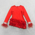 2024 Elegant Women's Patchwork Draped Bandage Dress O-neck Long Sleeve Beaded Feather Design Bodycon Asymmetric Mini Dresses Red