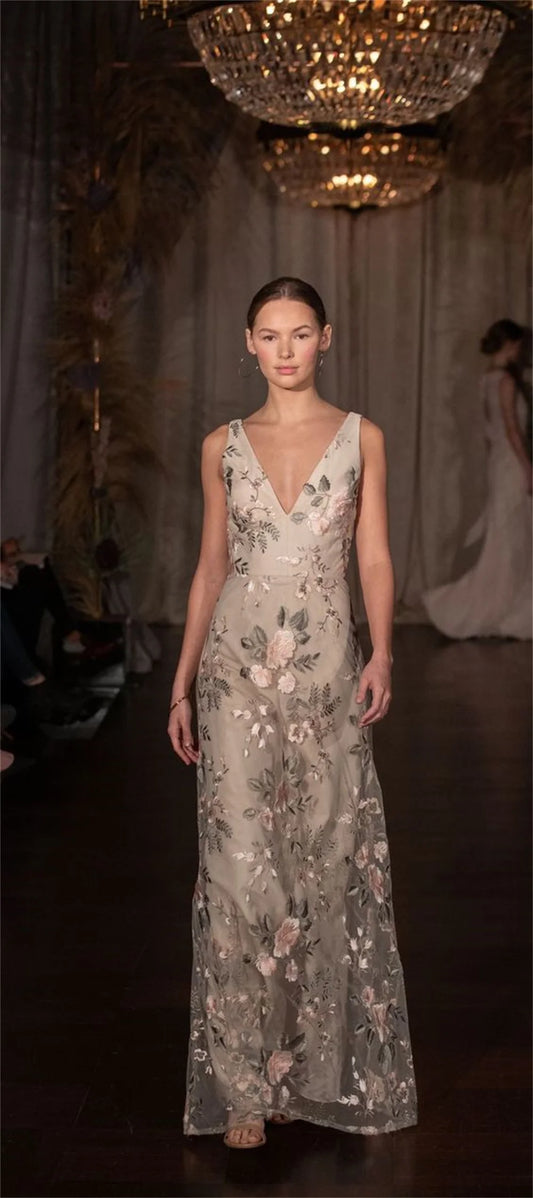 Lace Embroidery V-neck A-line Prom Dress Elegant Sleeveless فستان حفلات الزفاف Classical Cheongsam Robes De Soirée