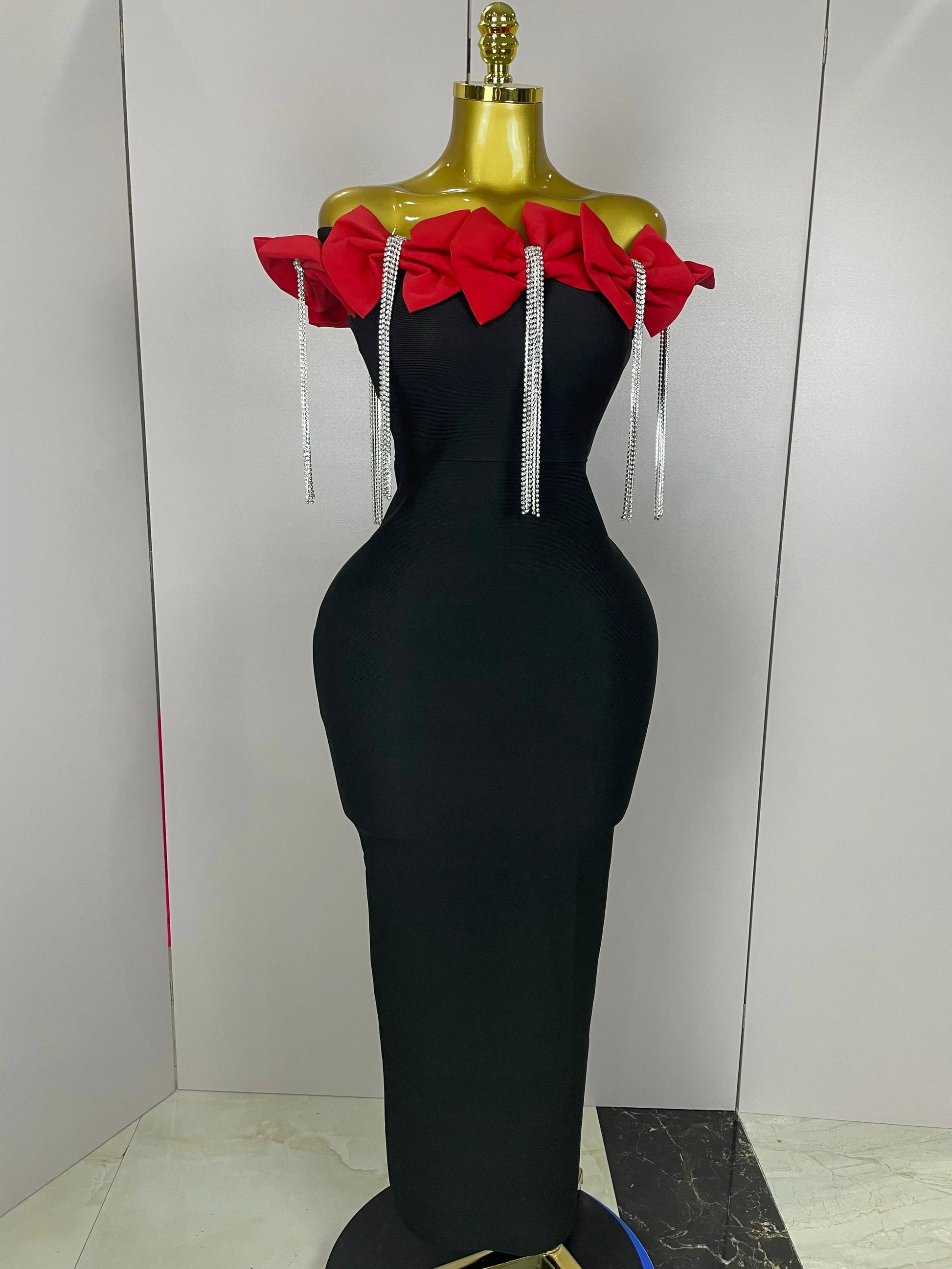 Women Celebrity Sexy Off Shoulder Flower Diamonds Black Bow Tie Maxi Long XL Bandage Dress Elegant Evening Club Party Dress Red