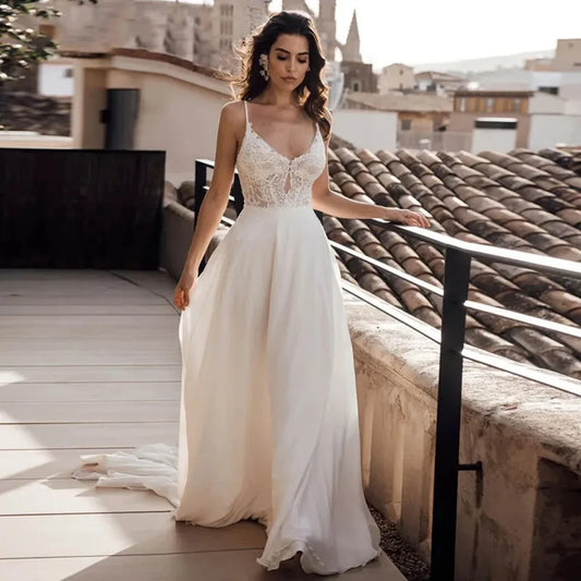 V-hals Boho Wedding Dress Spaghetti Straps spetsapplikationer a-line chiffon strand golvlängd brudklänning vestidos de novia