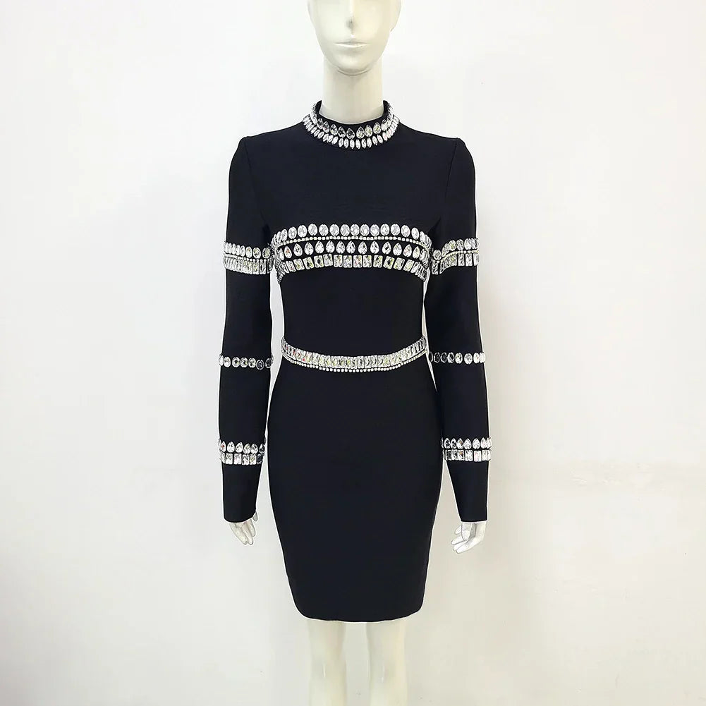 Winter Sparkling Diamonds Half High Collar Black Mini Bandage Dress Fashion Woman Evening Party Outfit