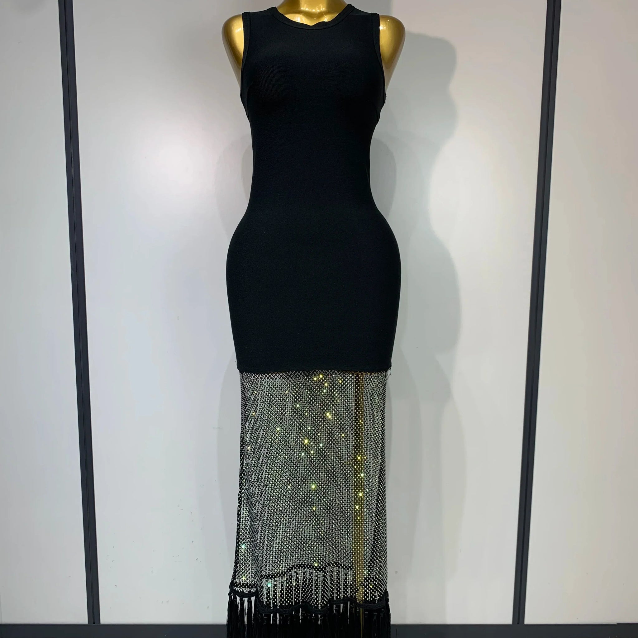 Fashion Black Sleeveless Sparkly Diamonds Tassel Bandage Dress Celebrity Cocktail Evening Party Luxury Birthday Gown black
