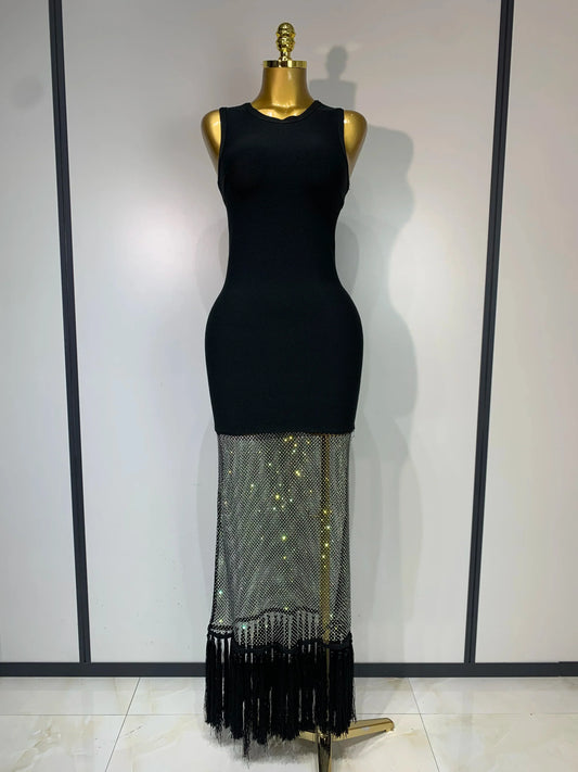 Fashion Black Sleeveless Sparkly Diamonds Tassel Bandage Dress Celebrity Cocktail Evening Party Luxury Birthday Gown black