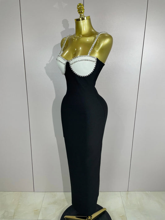 Women Celebrity Sexy Backless Diamonds Patchwork Black Red Maxi Long Bodycon Bandage Dress Elegant Evening Club Party Dress