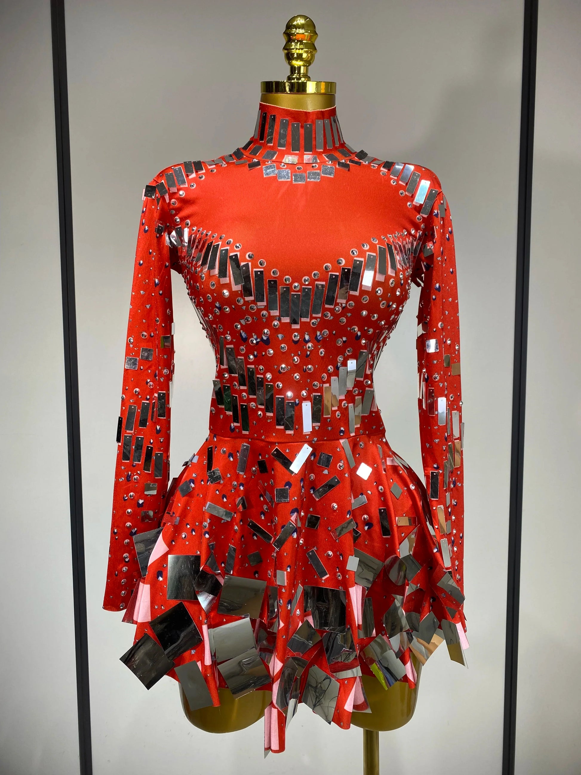 Women Sexy High Elastic A-Line Long Sleeve Dress Performance Costume Sparkly Nightclub Evening Party Hotwife Stage Outfit Red