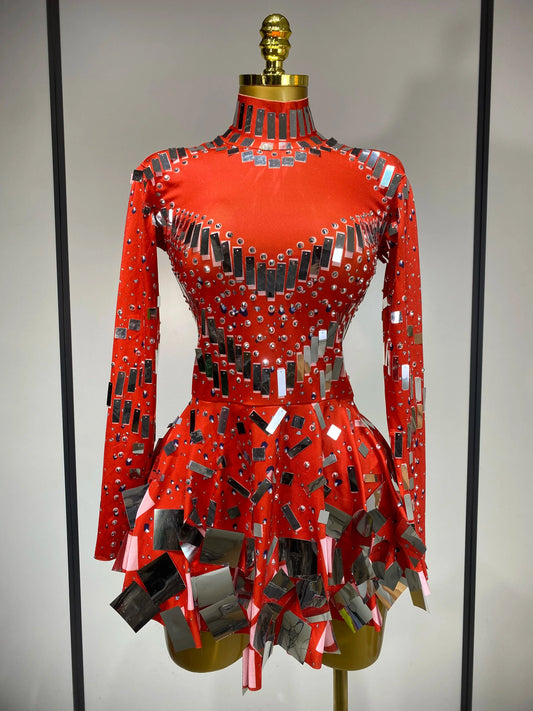 Women Sexy High Elastic A-Line Long Sleeve Dress Performance Costume Sparkly Nightclub Evening Party Hotwife Stage Outfit Red