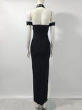 Sexy Women Light Luxury Nail Bead Bandage Dress Hanging Neck Shoulder Short Sleeve Bodycon Long Dress Evening Party Vestido