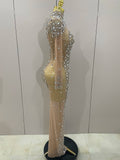 Sparkly Silver Big Rhinestone Sexy Transparent Long Dress Women Evening Birthday Party Celebrate Club Dancer Stage Costume