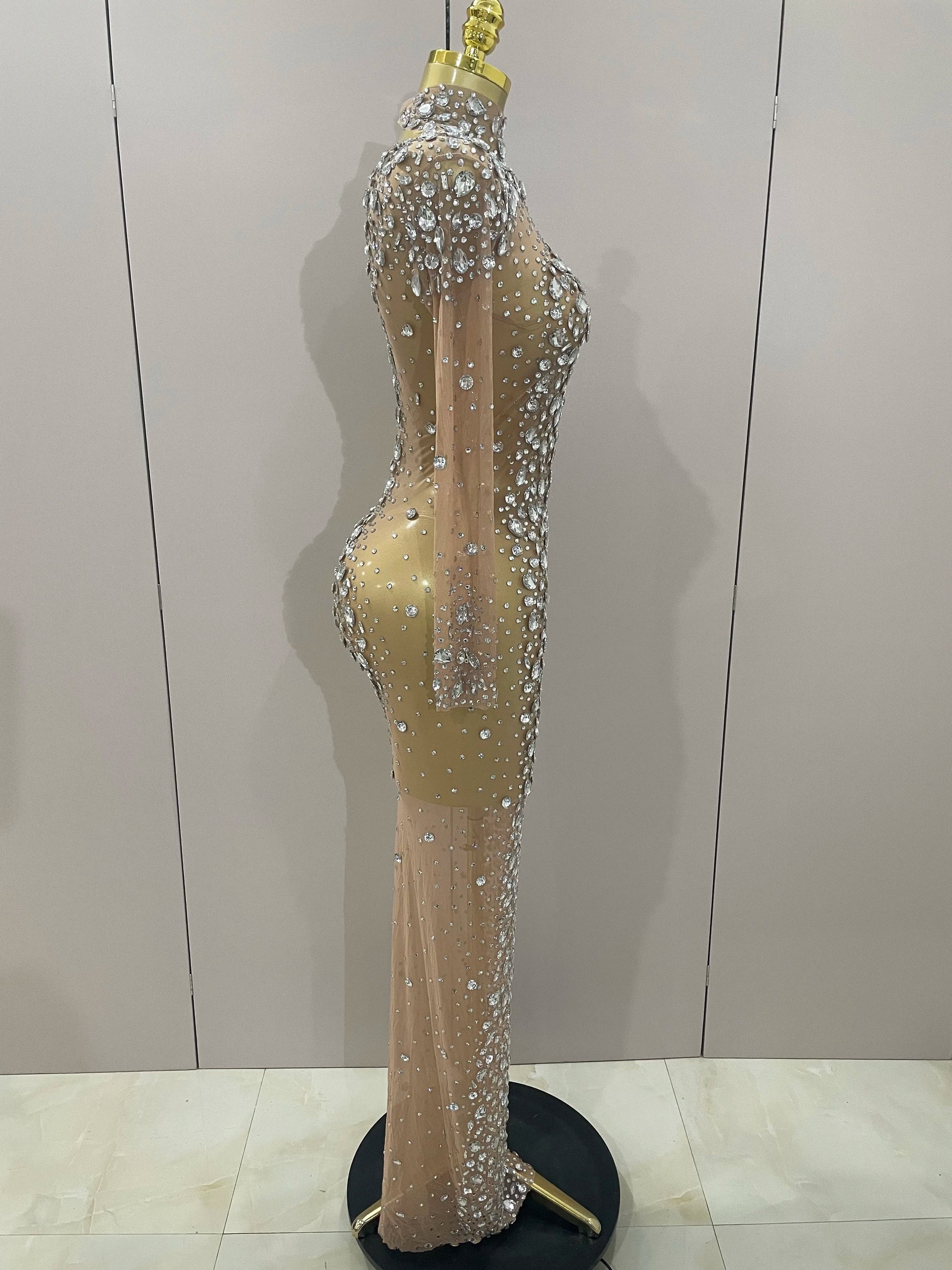 Sparkly Silver Big Rhinestone Sexy Transparent Long Dress Women Evening Birthday Party Celebrate Club Dancer Stage Costume