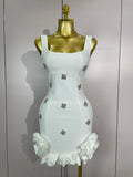 STyle Shining Crystal Women Sleeveless Bodycon Mini Bandage Dress Elegant Ruffles Cute Birthday Party Celebrate Dress WHITE