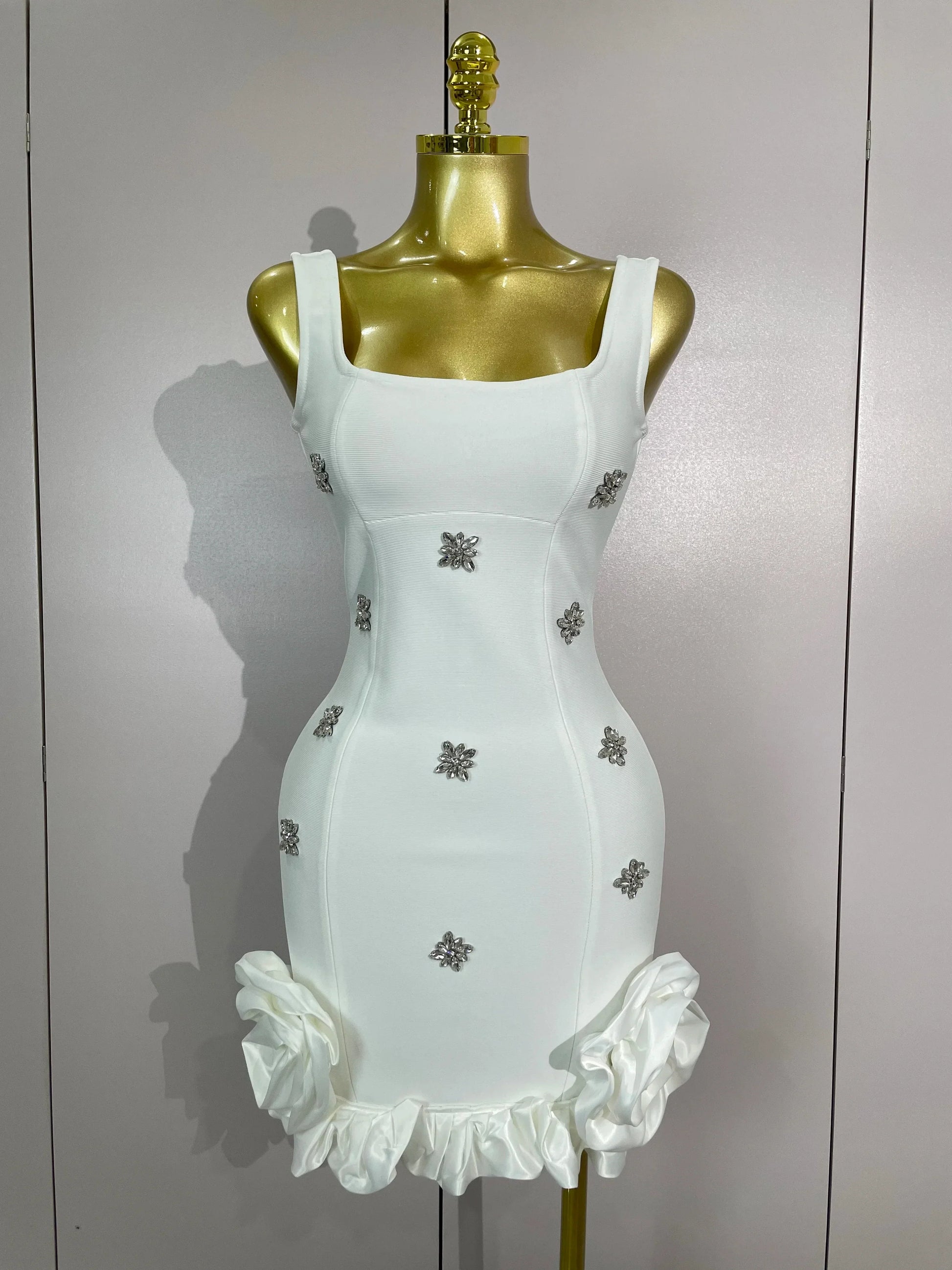 STyle Shining Crystal Women Sleeveless Bodycon Mini Bandage Dress Elegant Ruffles Cute Birthday Party Celebrate Dress WHITE