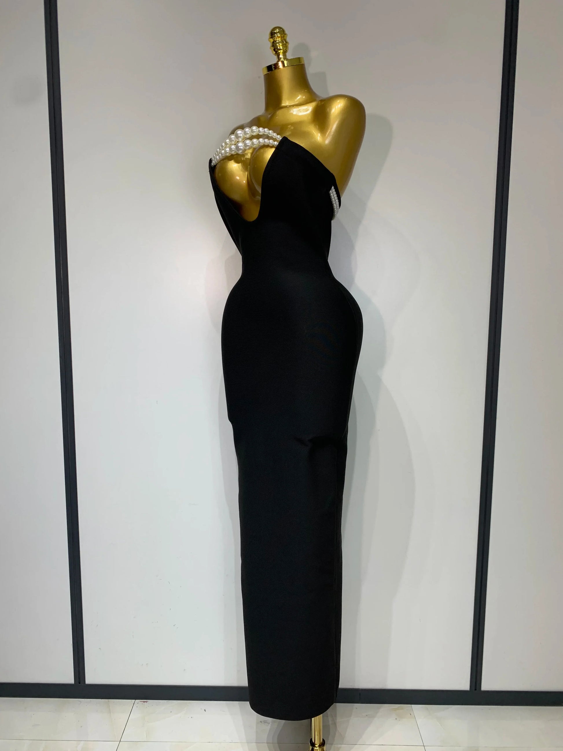 Women Sexy Backless Strapless Black Beading Long Bandage Bodycon Dress Celebrity Elegant Evening Luxury Birthday Dresses