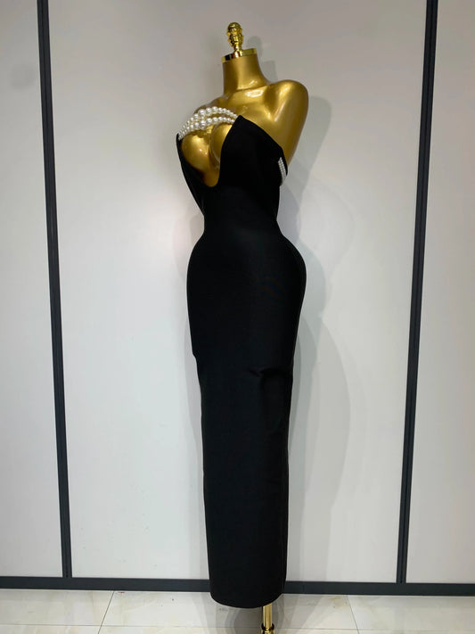 Women Sexy Backless Strapless Black Beading Long Bandage Bodycon Dress Celebrity Elegant Evening Luxury Birthday Dresses