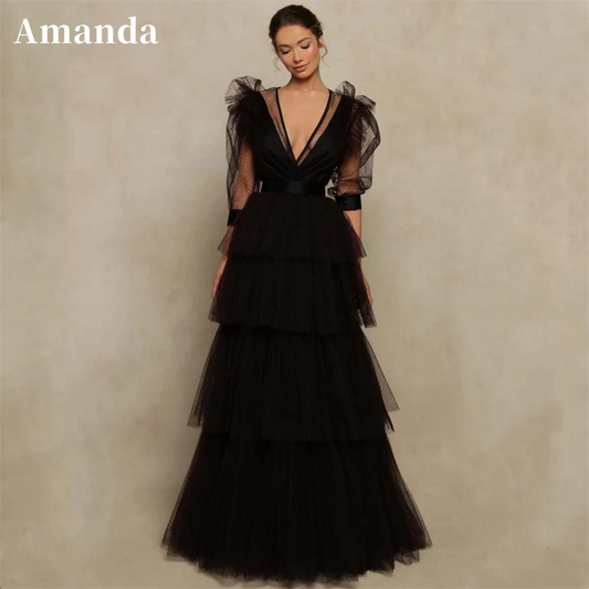 Black Multilaye Evening Dress Sexy Puffy Sleeve Prom Dress Sexy A-line Party Dress Pleats فساتين مناسبة رسمية