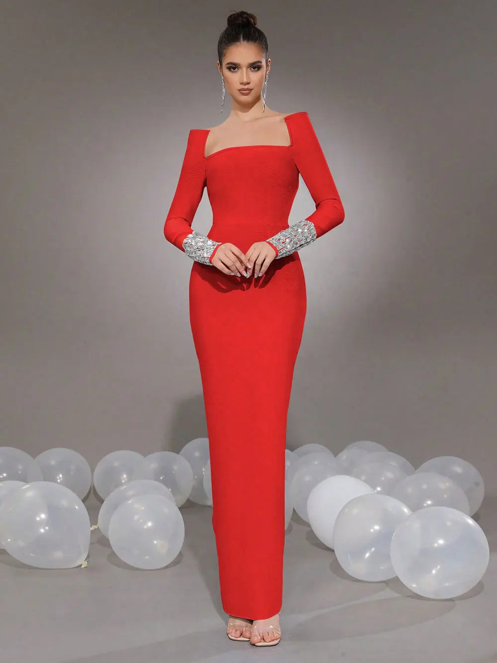 Women'S Elegant Bandage Dresses Square Neck Long Sleeved Nail Bead Design Bodycon Long Dress Evening Party Vestidos Red