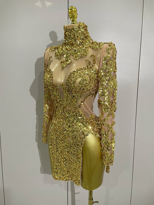 Luxury Sparkly Sequins Stretch Long Sleeve Mesh Mini Dress Women Birthday Party Nightclub Dancer Stage Performance Costume