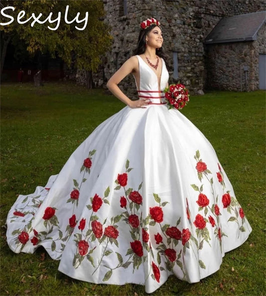 Customized Mexican Charro Quinceanera Dress Princess V Neck Soft Satin Embroidery Sixteen Birthday Dress Vestio De Anos Para Xv Ivory