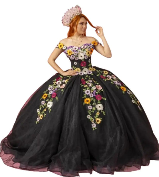 Black Quinceanera Dresses Charro Mexican Coloful Flowers Vestidos De 15 Años Quinceañeras Elegant Birthday Party Gown Customized