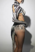 White Black Shinning Sequins Tassels Women Sexy Long Sleeve 2 Pieces Bodycon Mid-calf Dress Latin Performance Costume Stage Wear