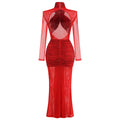 Red Color Women Long Sleeve Shinning Rhinestones Mesh Bodycon Long Dress Fashion Nightclub Party Celebrate Outfit Vestido