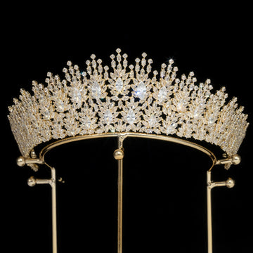 AAA Cubic Zirconia Water Drop Tiara Crown Headband Copper Wedding Bridal Hair Accessory gold color