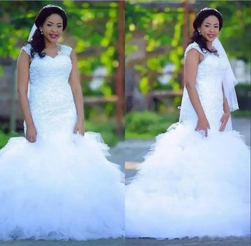 African woman Custom v neck beading Puffy Ruffle Tulle ball Gown Trumpet Mermaid Wedding Dress