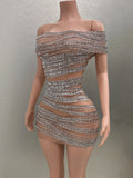 Sparkly Rhinestones Women Sexy Mesh Slash Neck Bodycon Mini Dress Celebrate Birthday Party Photo Shoot Dress Stage Wear
