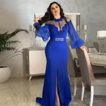 Royal Blue Chiffon Mermaid Evening Dresses O-Neck Puff Sleeves Middle Slit Party Prom Dresses Robe de soirée for women