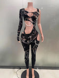 Sexy Shining Pearl Chain One Shoulder Hollow Out Jumpsuit Women Birthday Party Nightclub Singer Performance Stage Wear black
