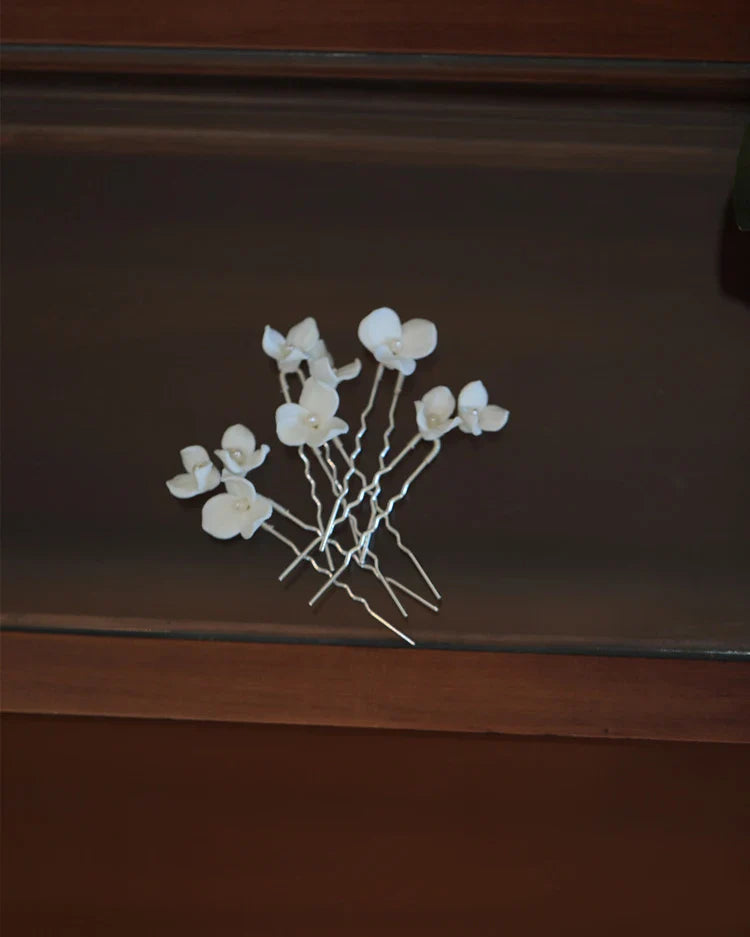 Bridal Jewelry Pearl Hair Pin Clip Porcelain Flower Head Piece For Bride Women Silver Color Hairpin Earrings Wedding Accessories