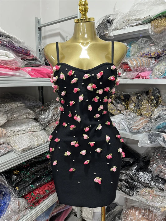 High Quality Women Sleeveless Sexy Strap Flowers Bodycon Bandage Mini Dress Celebrate Girls' Vacation Birthday Outfit black
