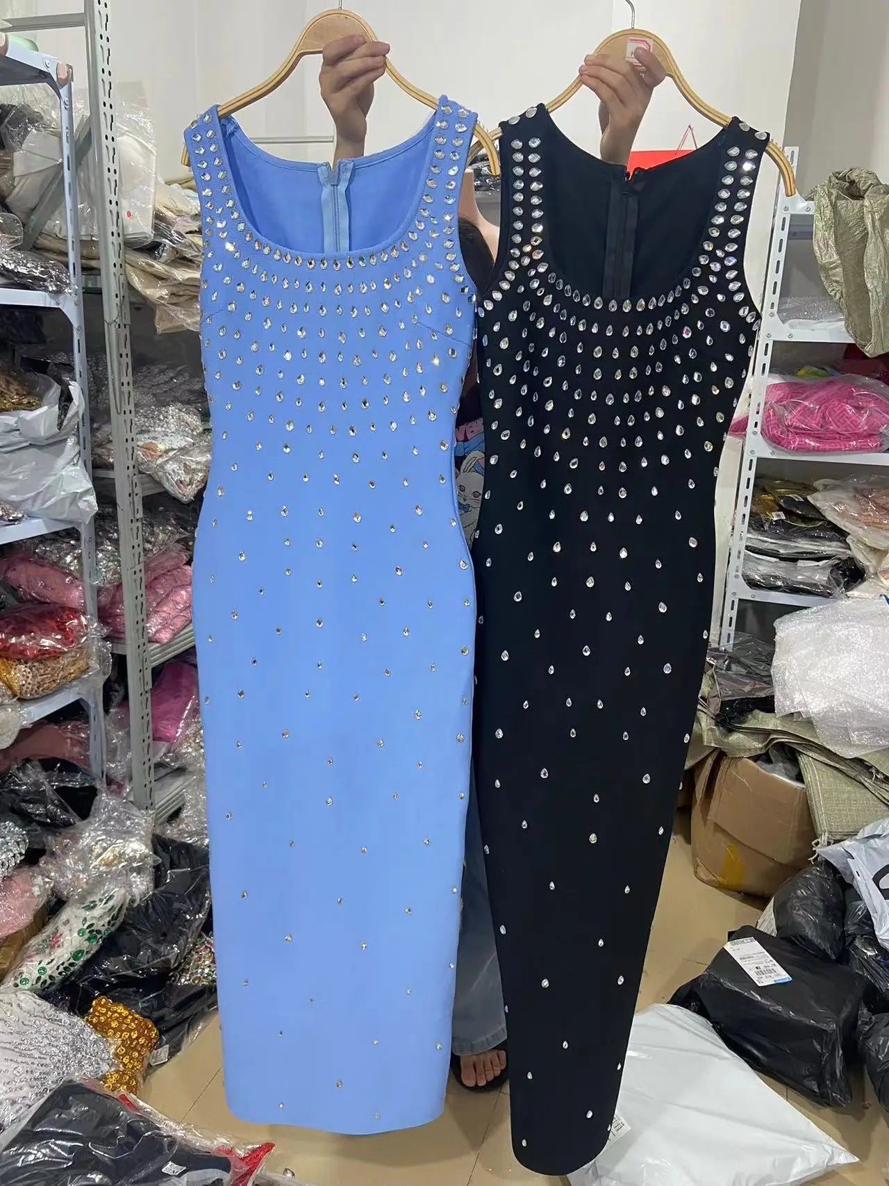 Women Sleeveless Sexy O-Neck Shinning Crystal Bodycon Bandage Long Dress Evening Party Celebrate Cocktail Outfit