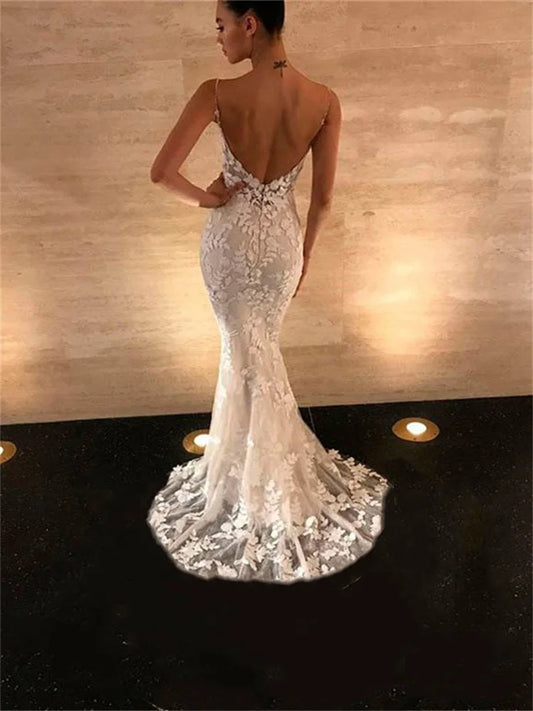 Elegant Cocktail Dress White Spaghetti Straps Tulle Prom Gowns Decal Open Back Bridesmaid Maxi Robe Wedding Dresses For Women