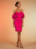 Rosered Color Women Sexy Strapless Ruffles Bodycon Mini Bandage Dress Celebrate Nightclub Party Birthday Vacation Outfit Rose Red
