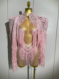 Luxury Sparkly Rhinestone Sequin Tassel Coat Skirt 2Pcs Women Birthday Party Nightclub Stage Performance Costume Pink