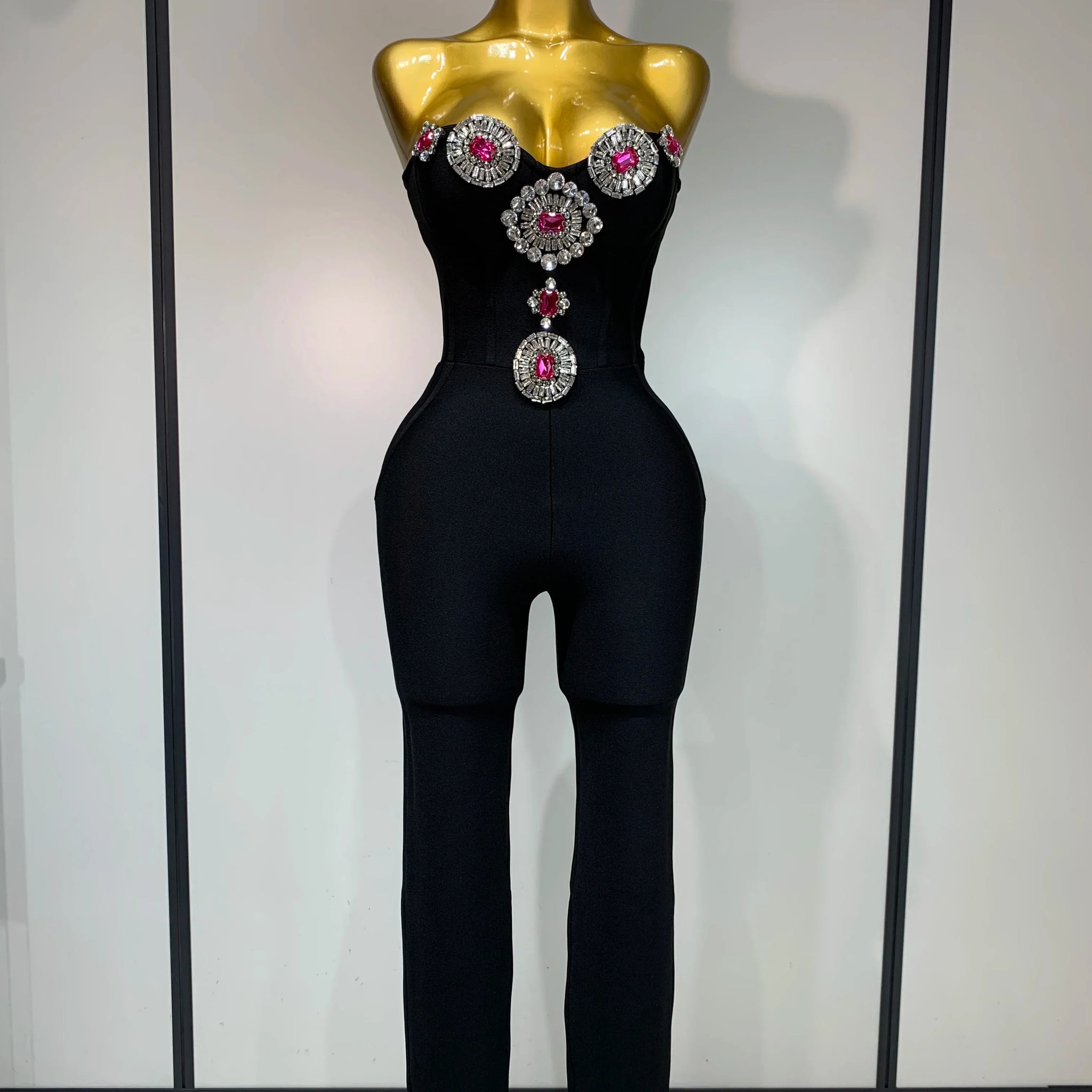 Fashion Celebrate Sparkly Rhinestone Women Sexy Strapless Bodycon Bandage Jumpsuit Runway Nightclub Party Luxury Birthday Outfit black