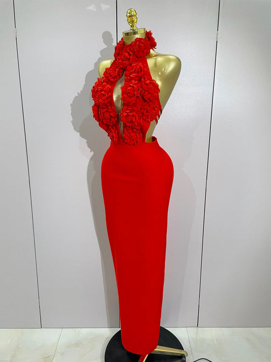 Women Celebrity Sexy Halter Backless Flower Long Bandage Bodycon Dress Luxury Birthday Dress Elegant Evening Party Outfit
