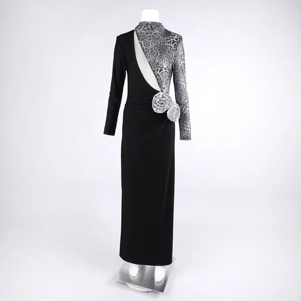 Women Fashion Long Sleeve Keyholes Florals Bodycon Long Maxi Dress Cotton Celebrate Evening Party Red Carpet Outfit