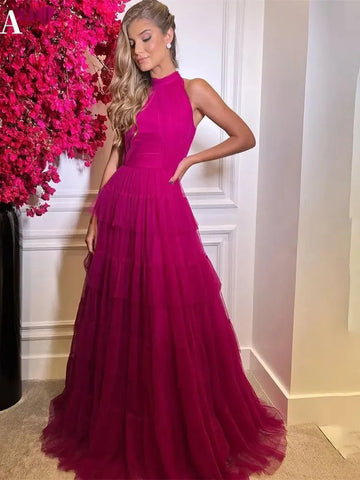 Fuchsia Halter Neck Sleeveless A-line Prom Dress Grace Multilayer Vestidos De Noche Fuchsia
