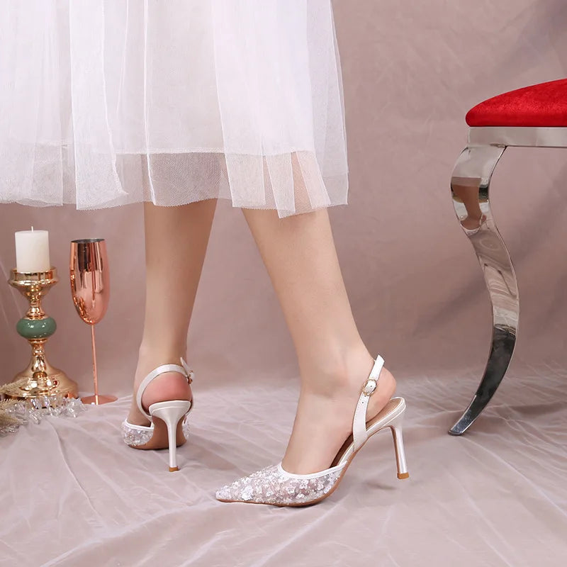 Fashion Sequined Lace Flowers Women Pumps Elegant Pointed toe Satin Wedding Thin High heels Summer Female Party Bridal Shoes