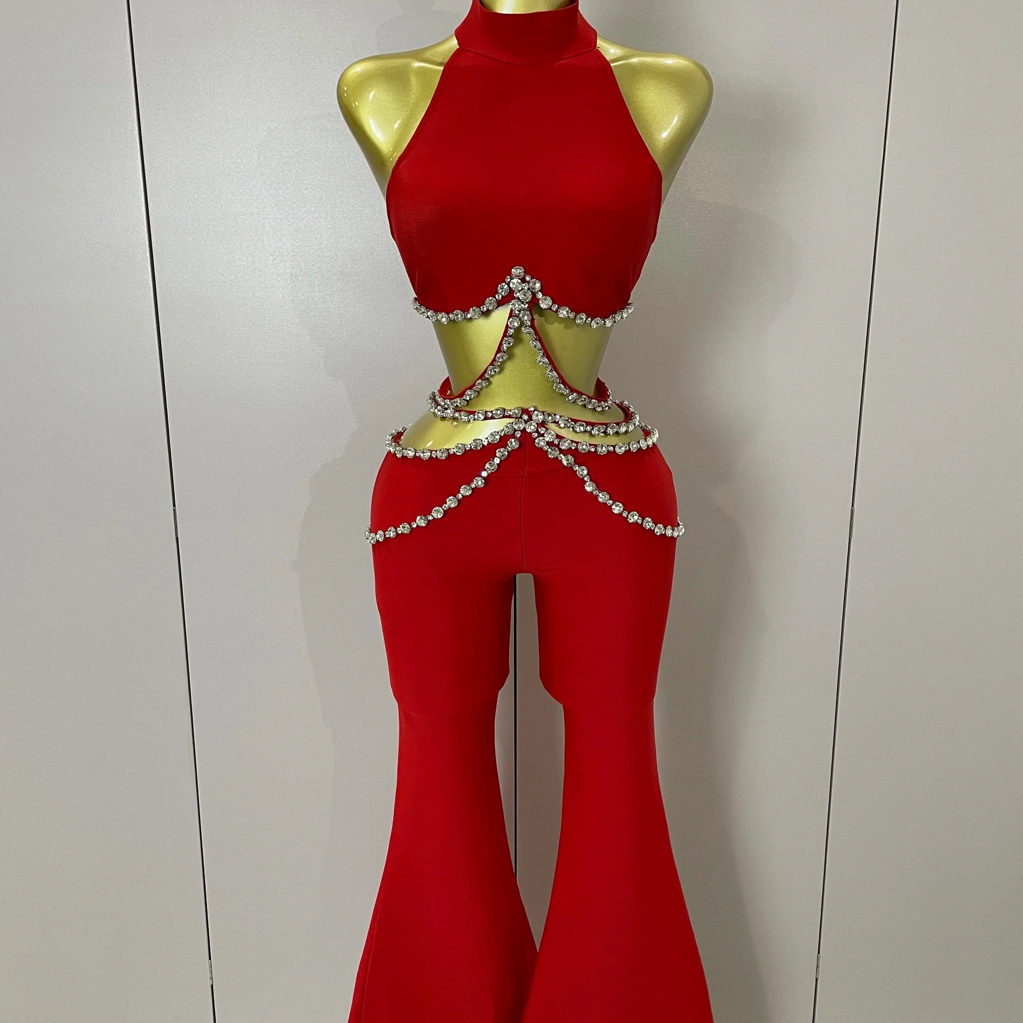 Luxury Rhinestone Red Sexy Cut Out Two Piece Pants Bandage Set Women Celebrity Designer Fashion Women's Set Stage Outfit Red