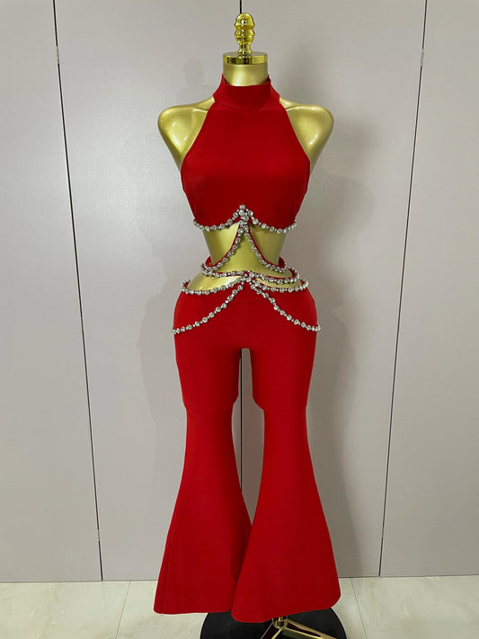 Luxury Rhinestone Red Sexy Cut Out Two Piece Pants Bandage Set Women Celebrity Designer Fashion Women's Set Stage Outfit Red