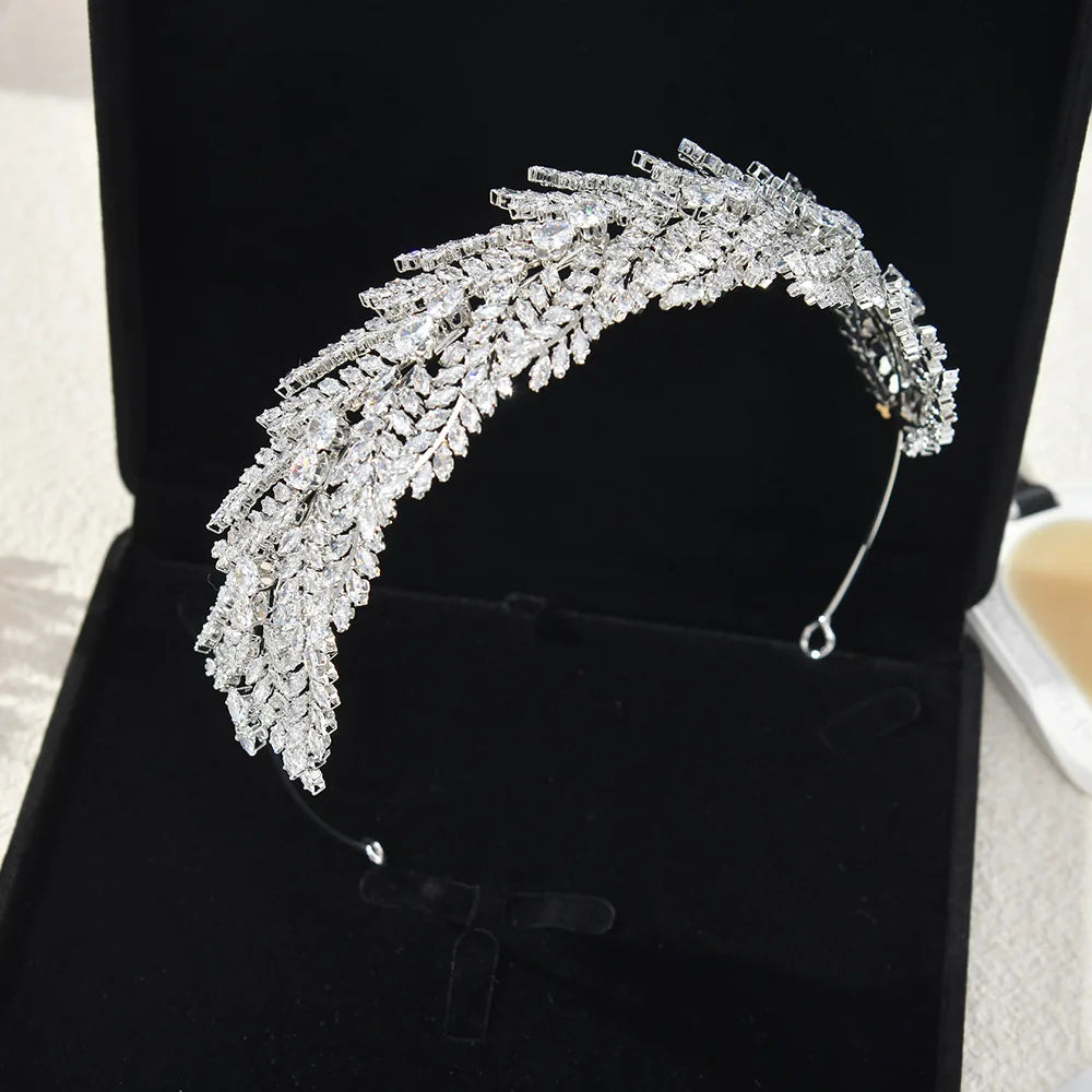Wedding Hair Accessories Leaf Tiara Crown AAA Zircon Headbands For Brides Women Princess Queen Zirconia Headpiece Bridal Jewelry