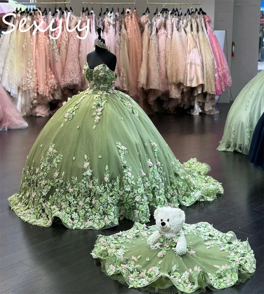 Sparkle Sage Green Quinceanera Dresses Charro Xv Mexican Vestidos De 15 Anos Lace Up 3D Floral Birthday Party Gown Customized green