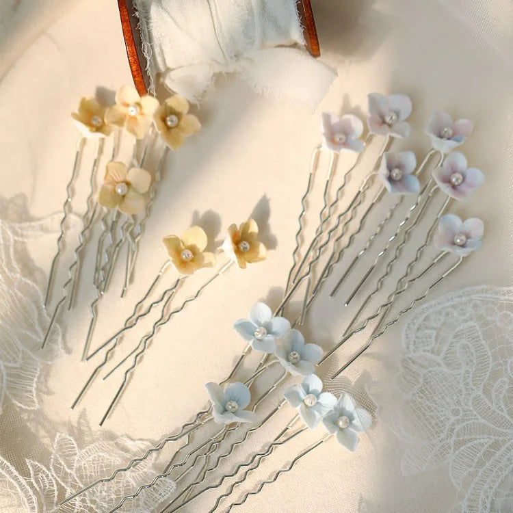 Wedding Accessories Porcelain Flower Hair Pin Clip Yellow Blue Hairpin For Brides Women Girl Head Piece Headdress Bridal Jewelry