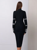 Elegant Women's Bead Design Bandage Dress High Neck Long Sleeve Bodycon Flute Dress Cocktail Evening Party Vestidos