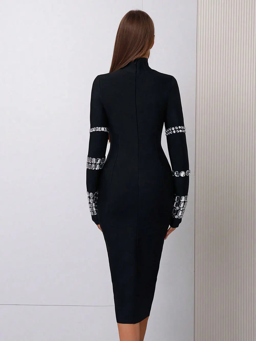 Elegant Women's Bead Design Bandage Dress High Neck Long Sleeve Bodycon Flute Dress Cocktail Evening Party Vestidos