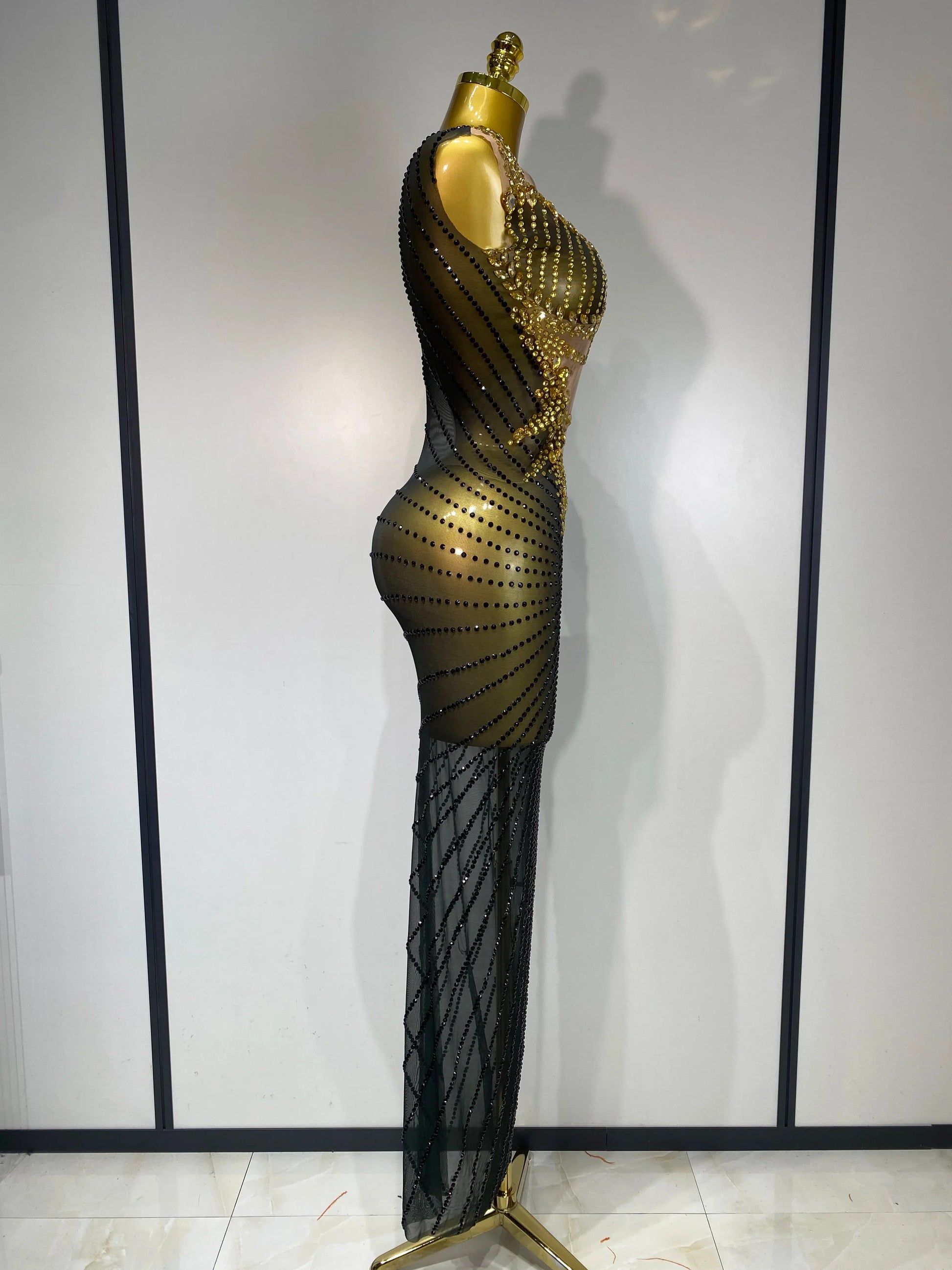 Women Sexy Sparkly Rhinestones Sleeveless Long Dress Club Birthday Celebrate Evening Photo Shoot Stage Performance Costume