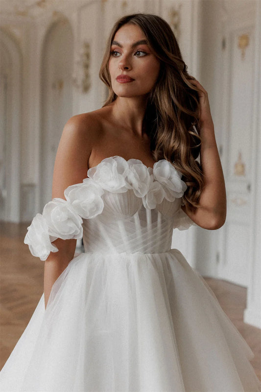 Bella White Mini Off the Shoulder Prom Dresses Tulle A-line Wedding Dress Elegant Sleeveless Lace-up Back Vestidos De Fiesta